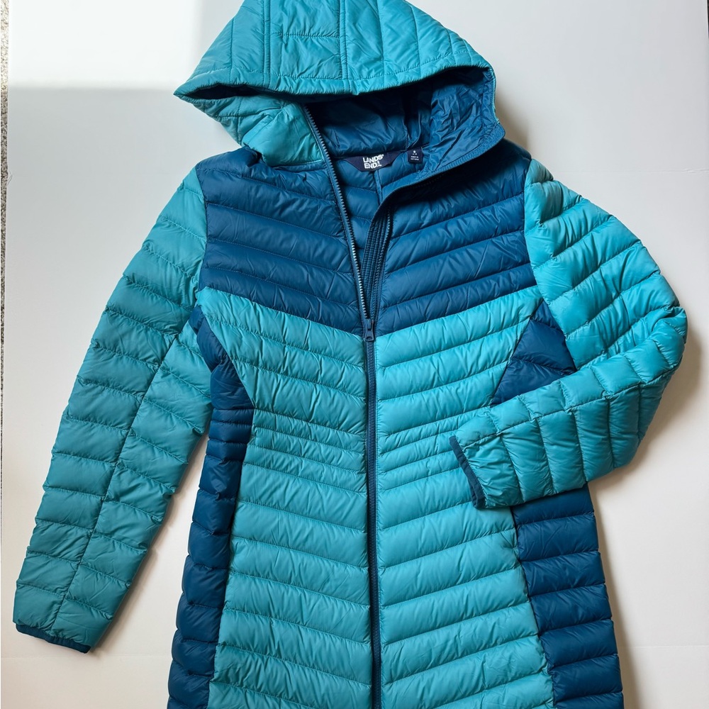 Lands End Women's Wanderweight Packable Down Hooded Long Jacket